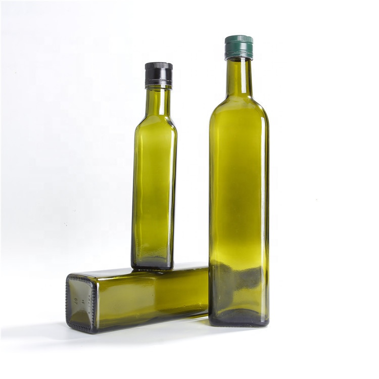 Bulk Empty 250ml 500ml 750ml Green Square Olive Oil Glass Bottles With Pourer And Aluminium Caps