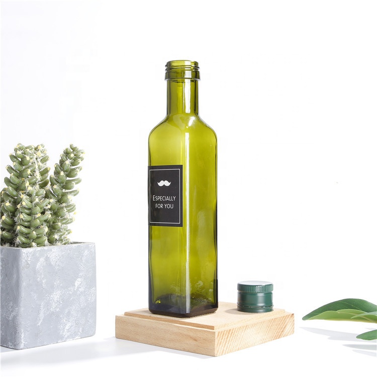 Bulk Empty 250ml 500ml 750ml Green Square Olive Oil Glass Bottles With Pourer And Aluminium Caps