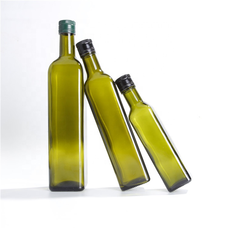 Bulk Empty 250ml 500ml 750ml Green Square Olive Oil Glass Bottles With Pourer And Aluminium Caps