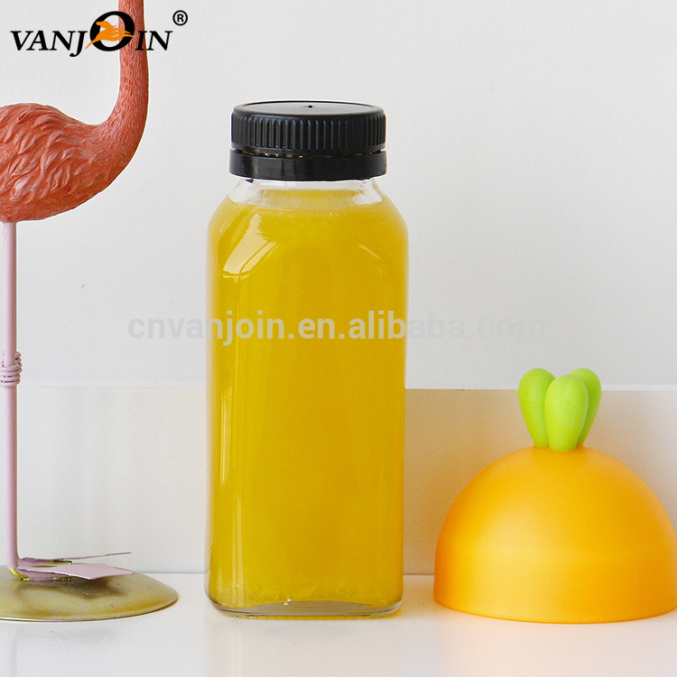 Bulk Wholesale 250ML 500ML 16oz French Square Vegetable Juice Glass Juice Bottles With White Black Plastic Lid
