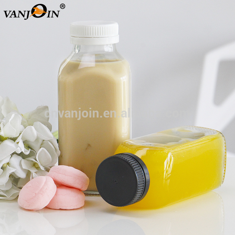 Bulk Wholesale 250ML 500ML 16oz French Square Vegetable Juice Glass Juice Bottles With White Black Plastic Lid