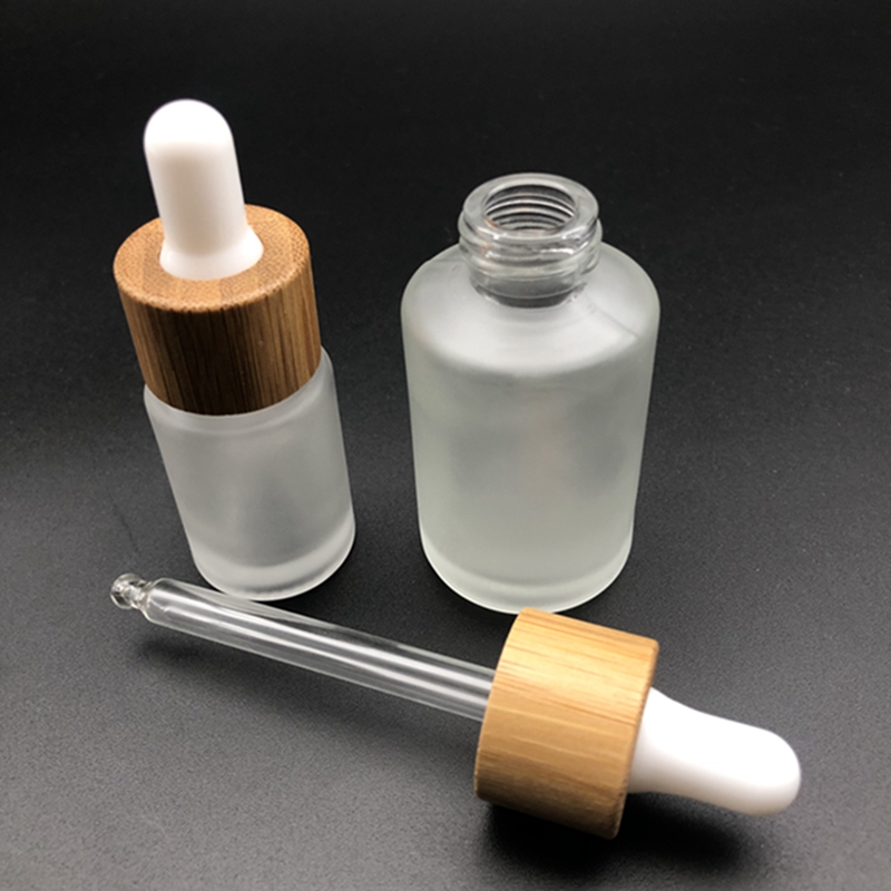 Bulk dropper bottle frosted glass square shoulders bottle with bamboo lid essential oil dropper packaging
