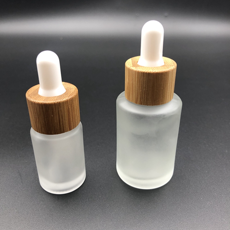 Bulk dropper bottle frosted glass square shoulders bottle with bamboo lid essential oil dropper packaging