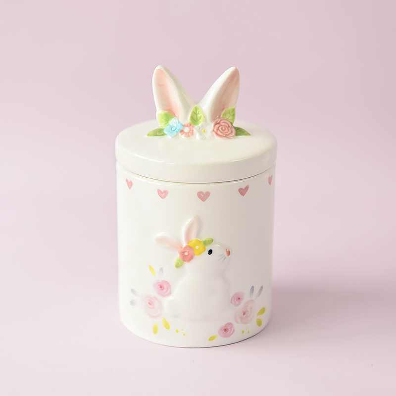 Bunny with Rose Followers Laurel Wreath Ceramic Cookie Jar Canister with Bunny Rabbit Ears Lid
