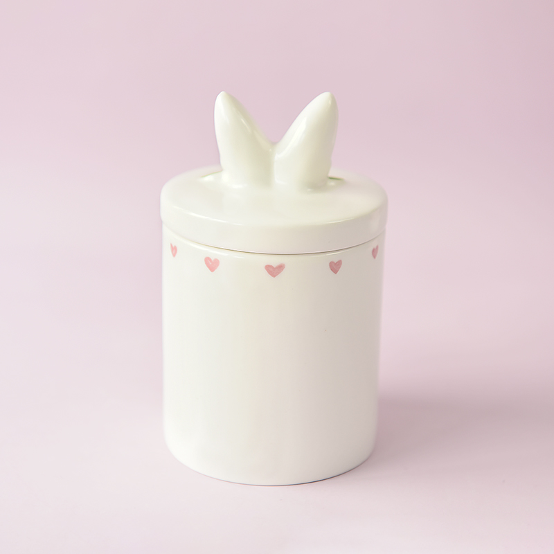 Bunny with Rose Followers Laurel Wreath Ceramic Cookie Jar Canister with Bunny Rabbit Ears Lid