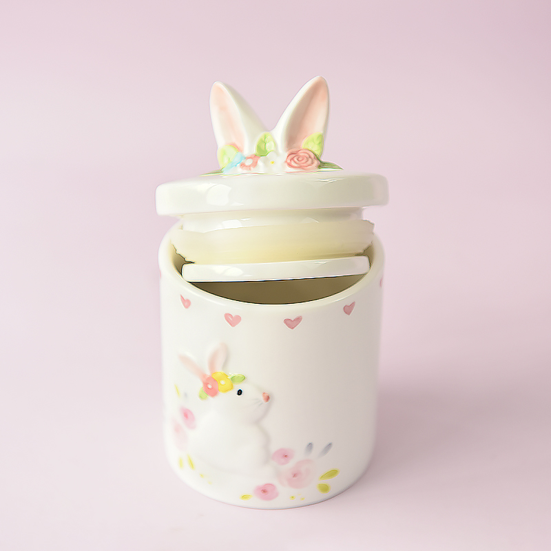 Bunny with Rose Followers Laurel Wreath Ceramic Cookie Jar Canister with Bunny Rabbit Ears Lid
