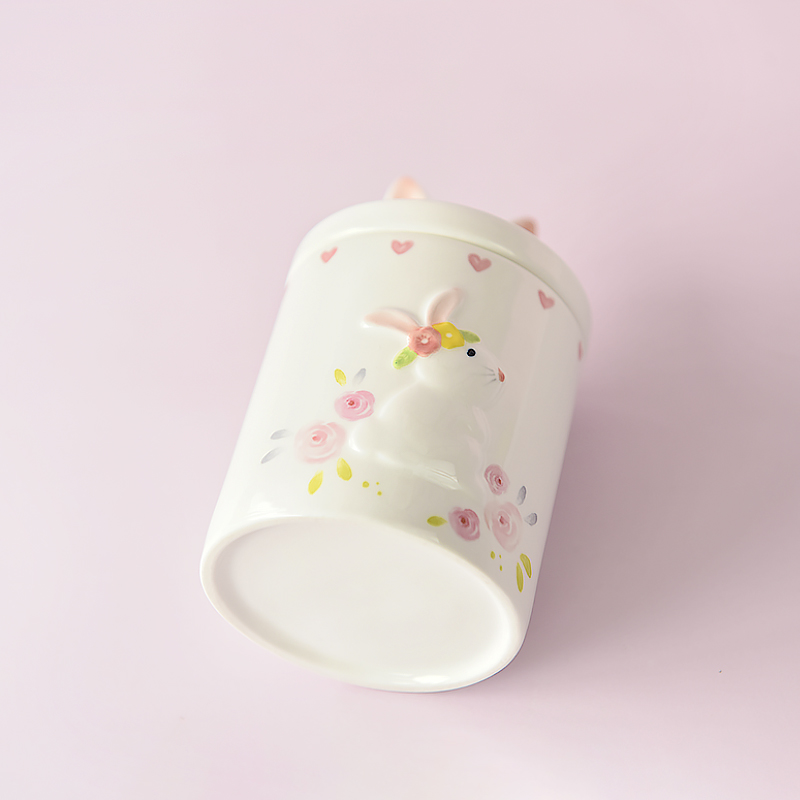 Bunny with Rose Followers Laurel Wreath Ceramic Cookie Jar Canister with Bunny Rabbit Ears Lid