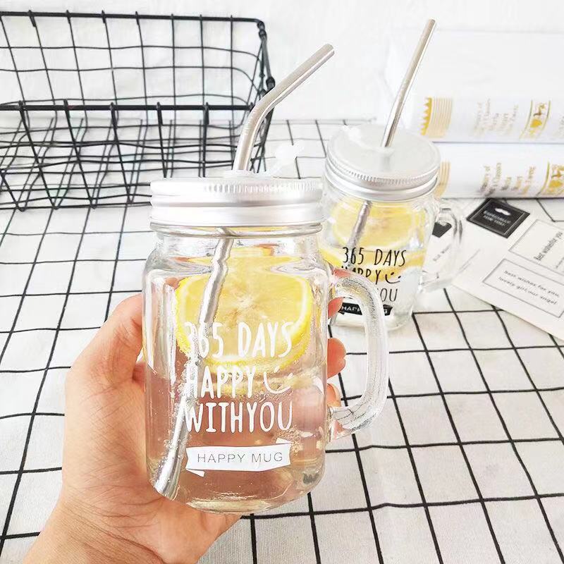 C394 Transparent Fruit Juice Cool Drink Glass Cup Mug Mason Jar Lemon Bottle With Cover Straw Sport Water Bottle