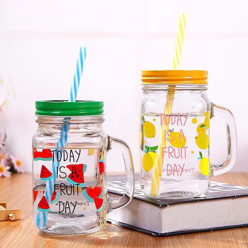 C394 Transparent Fruit Juice Cool Drink Glass Cup Mug Mason Jar Lemon Bottle With Cover Straw Sport Water Bottle