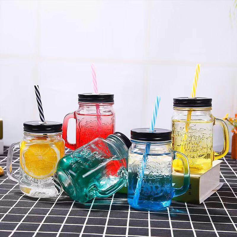 C394 Transparent Fruit Juice Cool Drink Glass Cup Mug Mason Jar Lemon Bottle With Cover Straw Sport Water Bottle