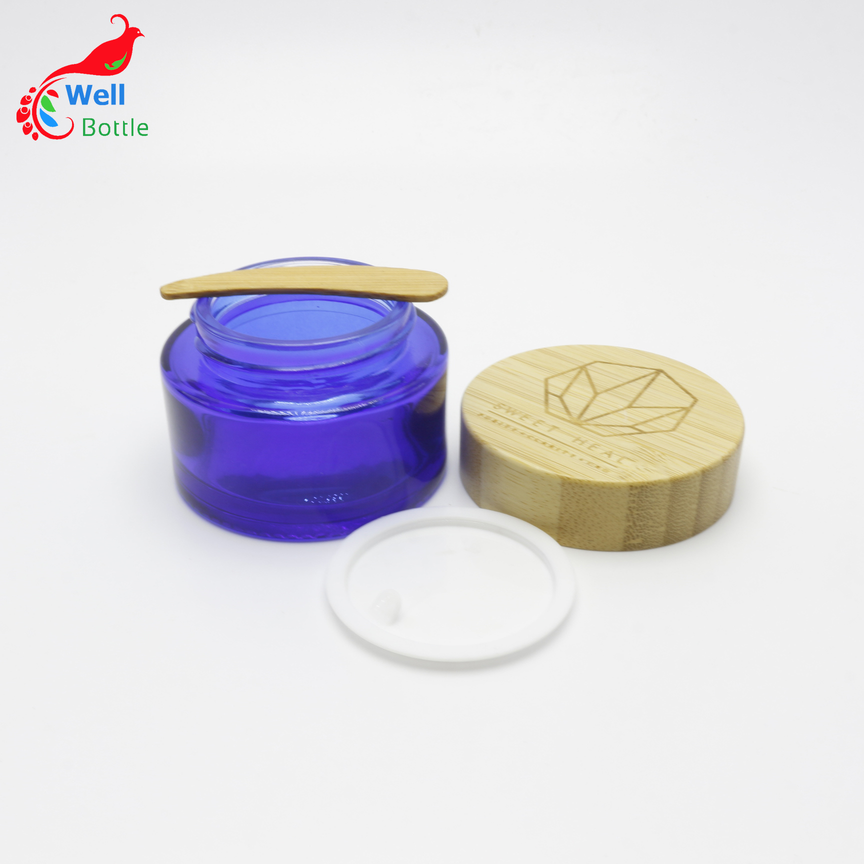 CBD blue bottle glass jar with bamboo lid cosmetic jar 50ml blue glass container  J119E