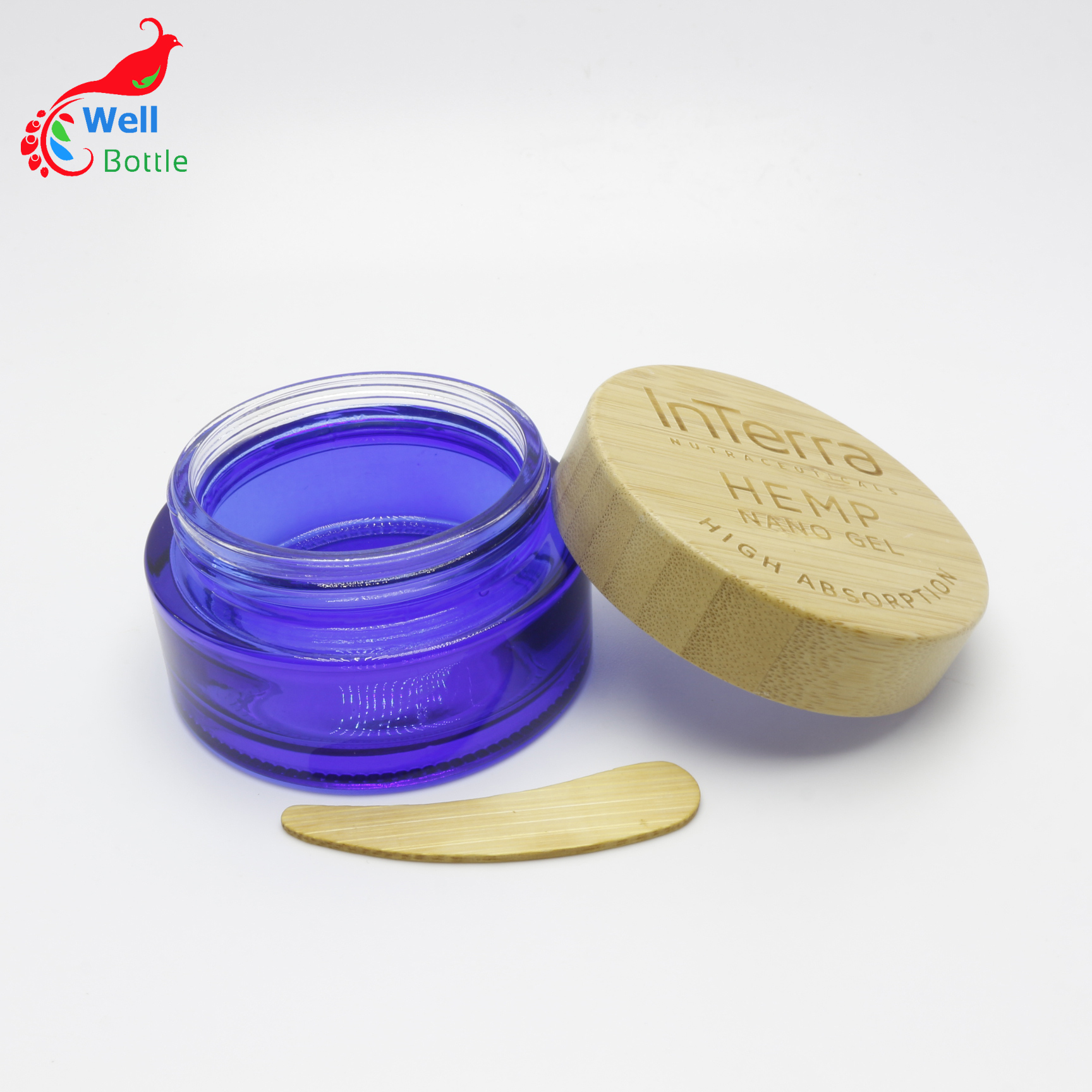CBD blue bottle glass jar with bamboo lid cosmetic jar 50ml blue glass container J119E