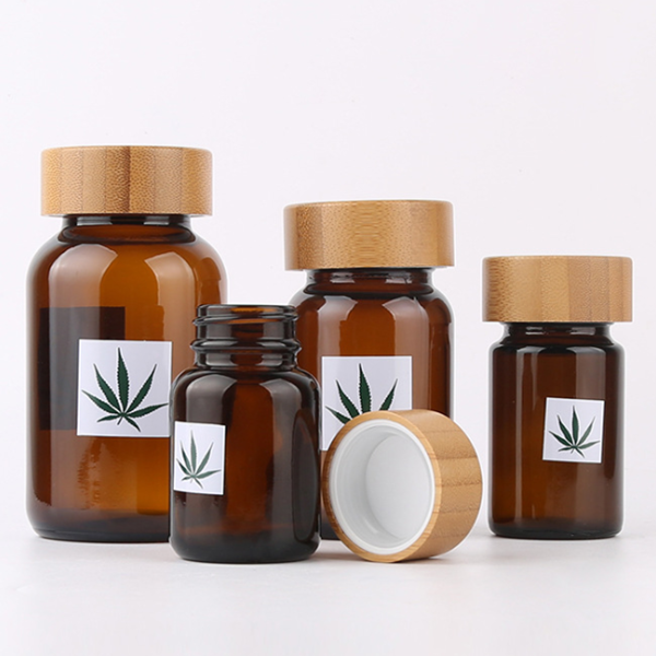CBD oil bamboo pill bottle empty amber glass cosmetic capsule bottle 60g 75g 100g 150g 120g 200g 250g bottle pill packaging