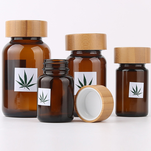 CBD oil bamboo pill bottle empty amber glass cosmetic capsule bottle 60g 75g 100g 150g 120g 200g 250g bottle pill packaging