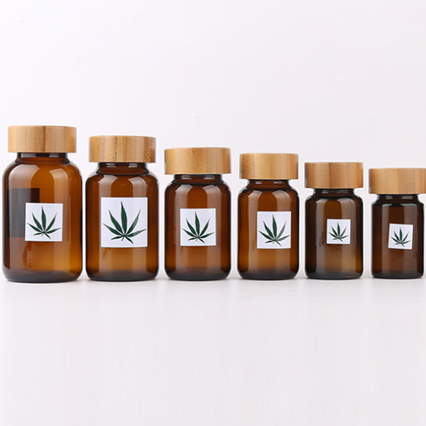 CBD oil bamboo pill bottle empty amber glass cosmetic capsule bottle 60g 75g 100g 150g 120g 200g 250g bottle pill packaging