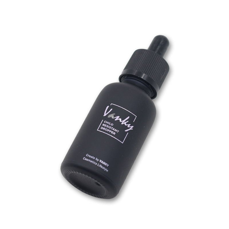 CBD oil glass facial bottles packaging e liquid dropper bottle matte black 15ml 30ml with child proof/tamper proof dropper