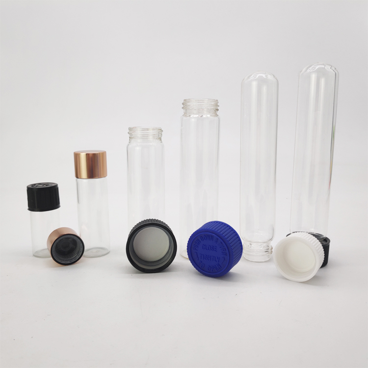 CBD packaging glass child proof bottles glass tubes with child resistant aluminum cap