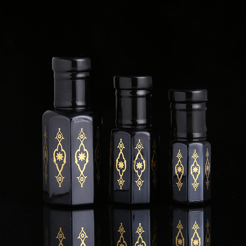CJ-Factory Direct Sale Hot Stamping Custom Logo Octagonal Shaped Black Arabian Empty Oud Attar Perfume Oil Glass Oud Bottles