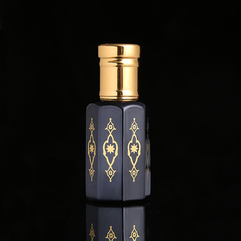 CJ-Factory Direct Sale Hot Stamping Custom Logo Octagonal Shaped Black Arabian Empty Oud Attar Perfume Oil Glass Oud Bottles