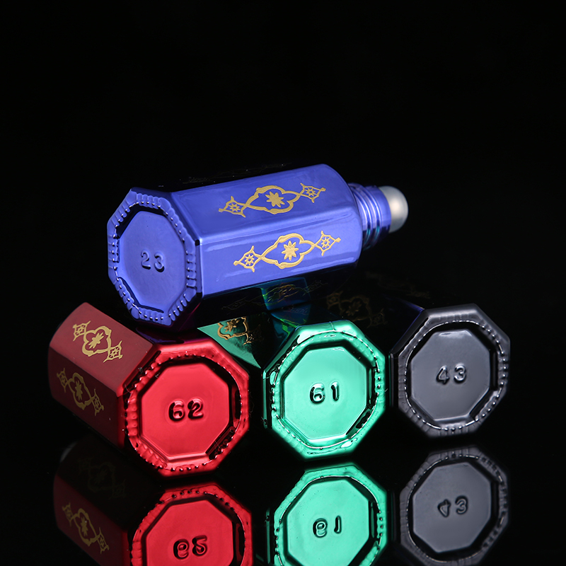 CJ-Factory Direct Sale Hot Stamping Custom Logo Octagonal Shaped Black Arabian Empty Oud Attar Perfume Oil Glass Oud Bottles