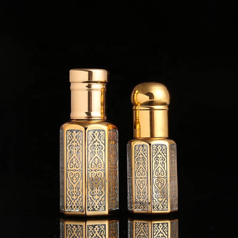 CJ-New Design 3ML 6ML 12ML Gold Octagon Roll on Glass Essential Oil Bottle Attar Oud Oil Glass Bottles