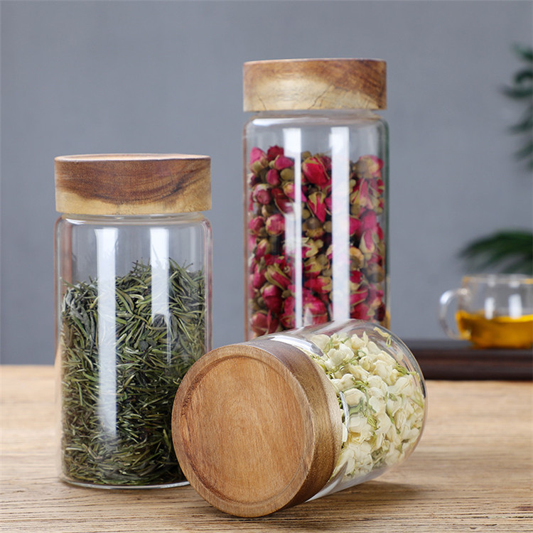 Candy Foods Rubber Sealed Wooden Lid Air Tight Storage Containers Glass Jar With Bamboo Lid