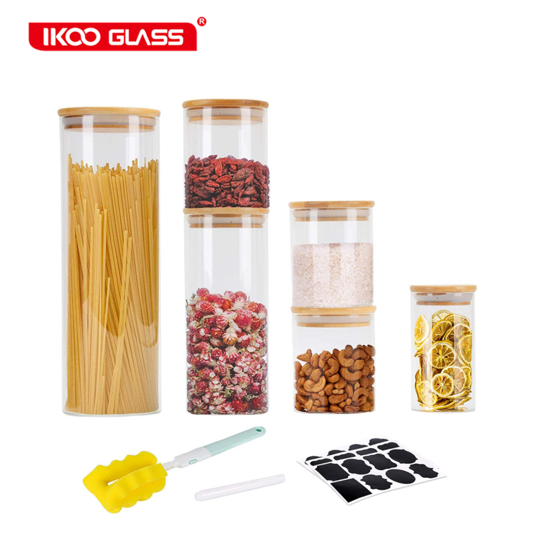 Canister Set Glass Jars with Bamboo Lids Silicon Ring Set of 6, Air Tight Kitchen Food Cereal Containers for Storage