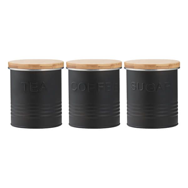 Canisters Jar Set of 3 Black for Coffee Tea & Sugar  for Food  with Wood Lid By KSN