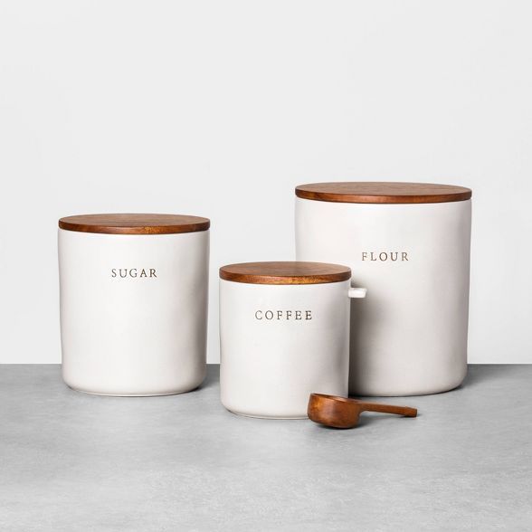 Canisters Set of 3 White for Coffee Tea & Sugar  for Food  with Wood Lid By KSN