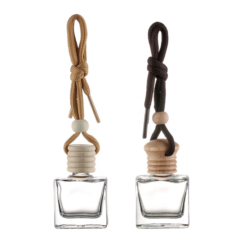 Car Perfume Essential Oil Hanging Bottle , Car Square Perfume Glass Diffuser Bottle With Wood Cap