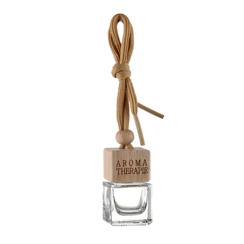 Car Perfume Essential Oil Hanging Bottle, Car Square Perfume Glass Diffuser Bottle With Wood Cap