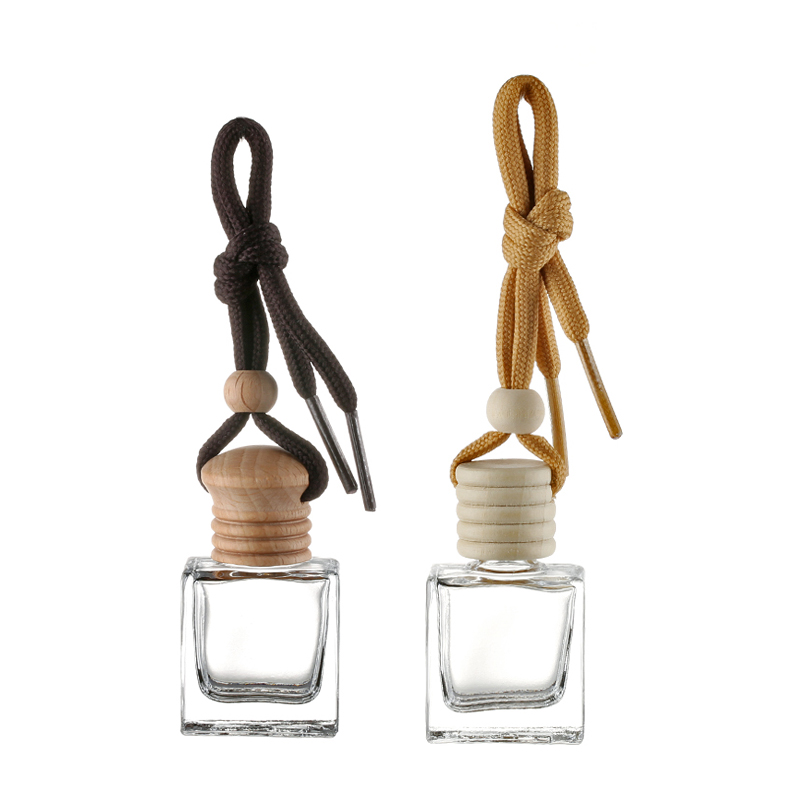 Car Perfume Essential Oil Hanging Bottle, Car Square Perfume Glass Diffuser Bottle With Wood Cap