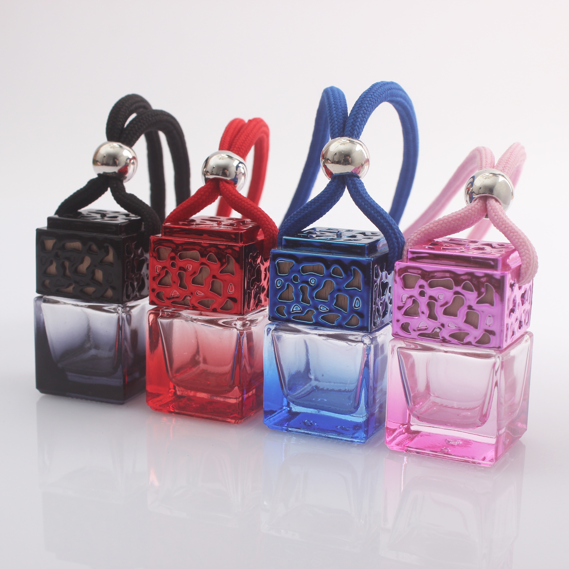 Car fragrance reed diffuser bottles colored square glass bottle colorful perfume aroma auto hanging diffuser air freshener