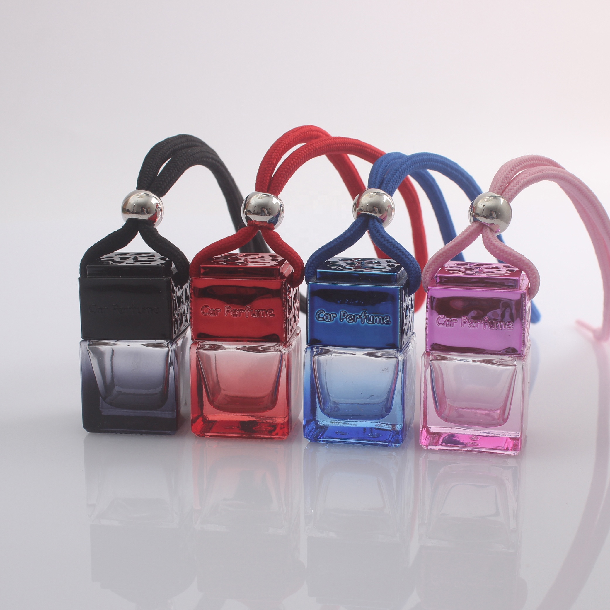 Car fragrance reed diffuser bottles colored square glass bottle colorful perfume aroma auto hanging diffuser air freshener
