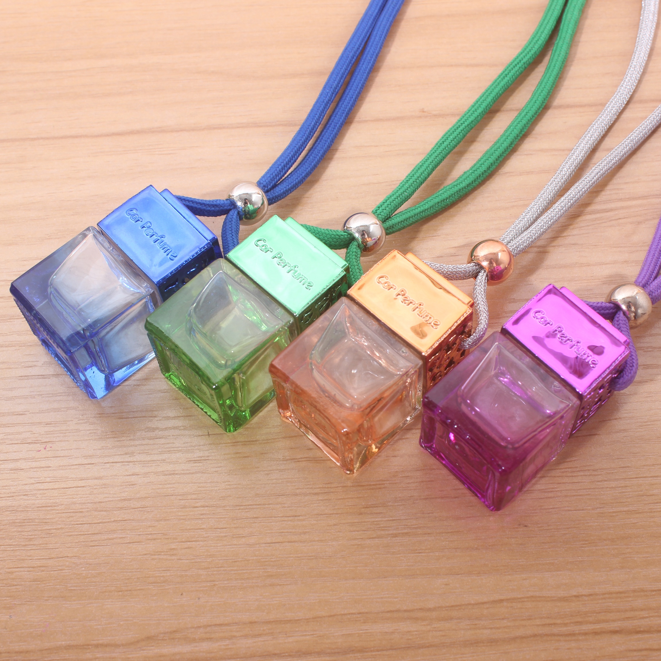 Car perfume bottle square colored glass perfume vial with colored lid hanging car diffuser bottles Ready Stock bottle