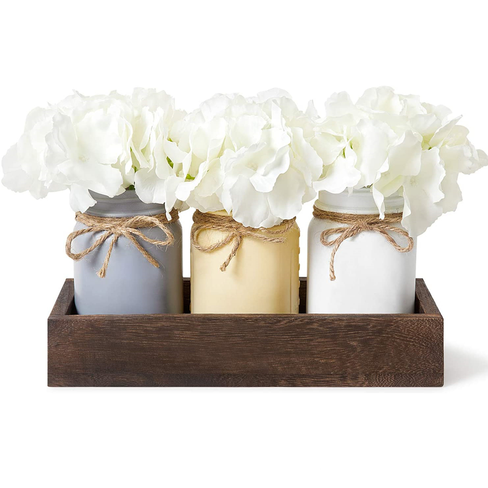 Centerpiece Decorative 3 Painted  Mason Jars Artificial Flowers Mason Jar with Wood Tray