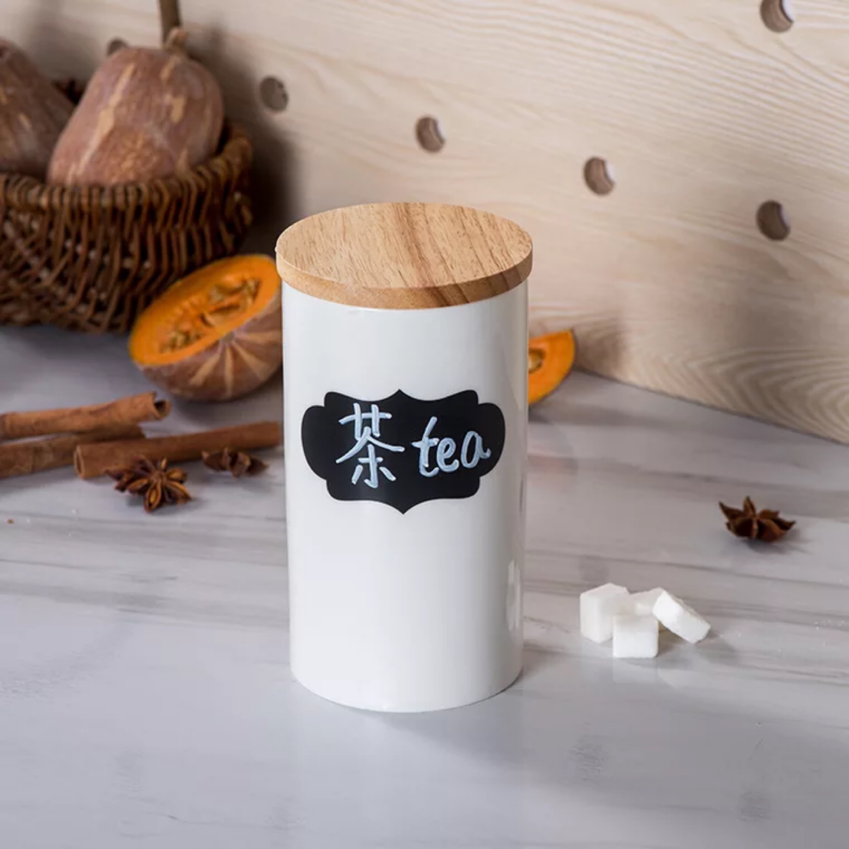 Ceramic Container Storage with Label Porcelain Container Kitchen Canister Food Storage Jar with Airtight Bamboo Lid Cookie Jar