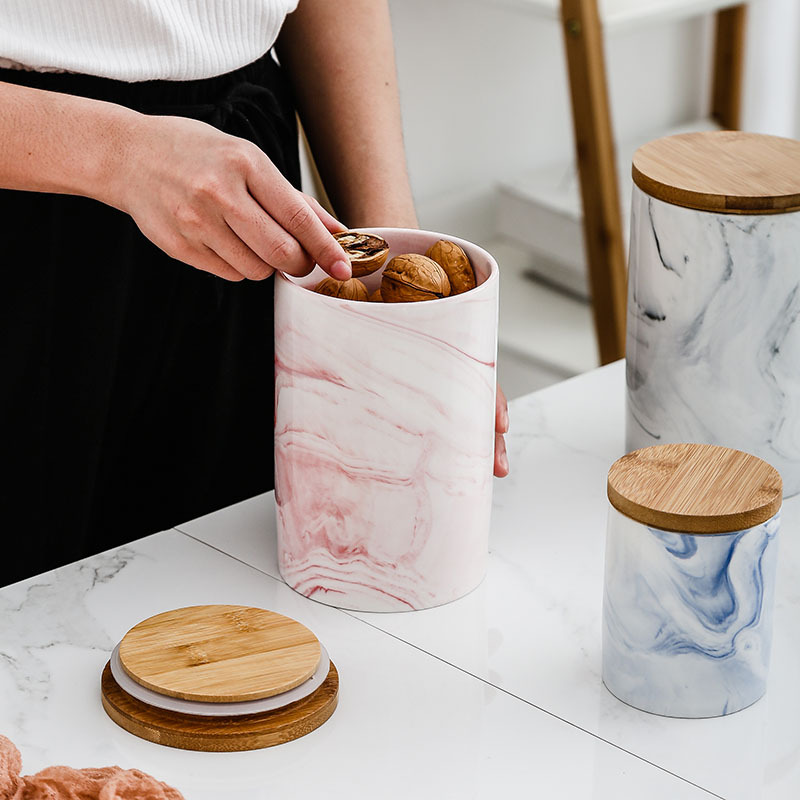 Ceramic Sealed Can Multi-Functional Bamboo Cover Tea Cans Multi-Specification Storage Cans Candy Storage Bottle