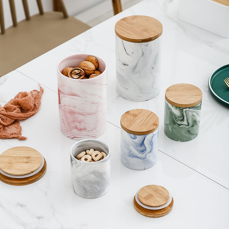Ceramic Sealed Can Multi-Functional Bamboo Cover Tea Cans Multi-Specification Storage Cans Candy Storage Bottle