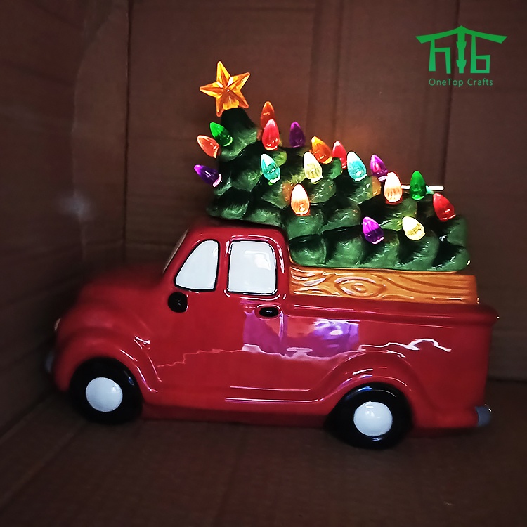 Ceramic Truck Christmas Tree LED lights Cookie JAR