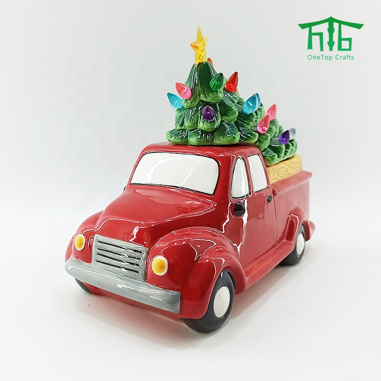 Ceramic Truck Christmas Tree LED lights Cookie JAR