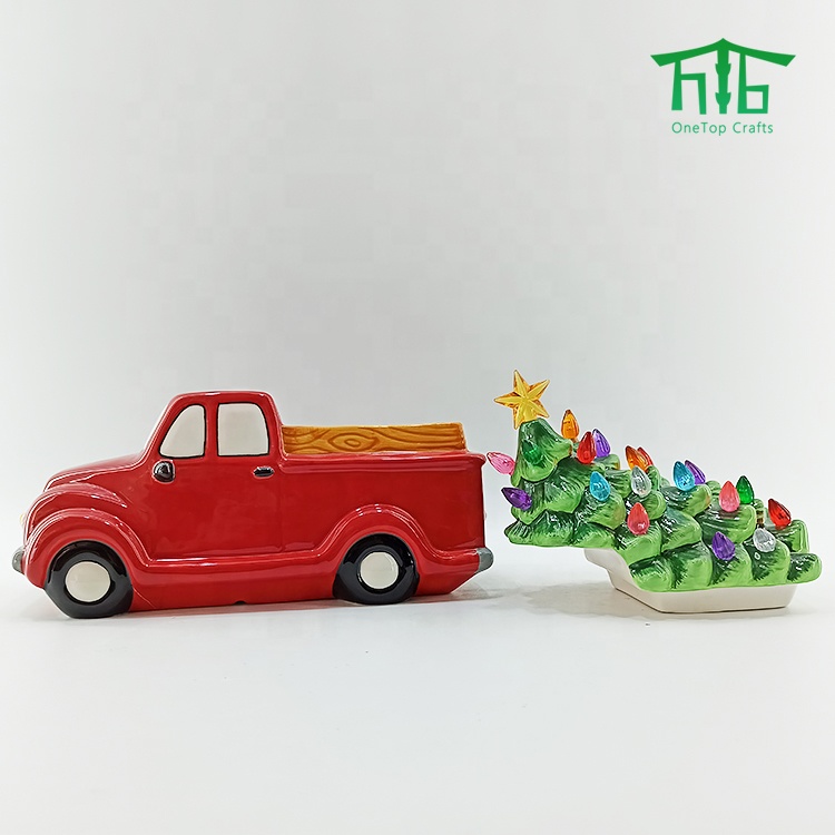 Ceramic Truck Christmas Tree LED lights Cookie JAR
