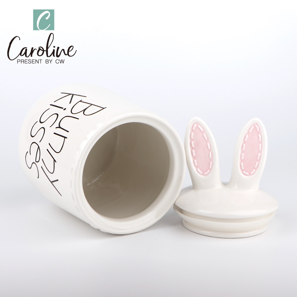 Ceramic Wholesale White 3D Bunny Ear Canister Coffee Jar