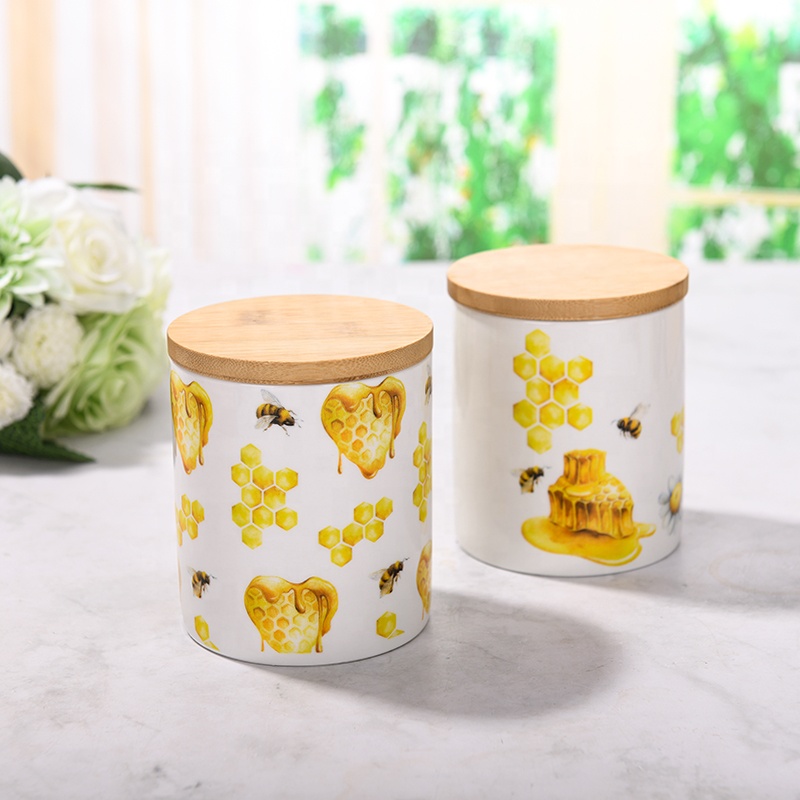 Ceramic bee honey airtight canister set with bamboo lid