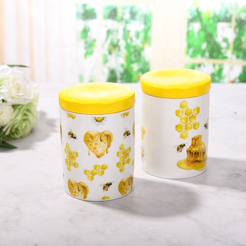 Ceramic bee honey airtight canister set with bamboo lid