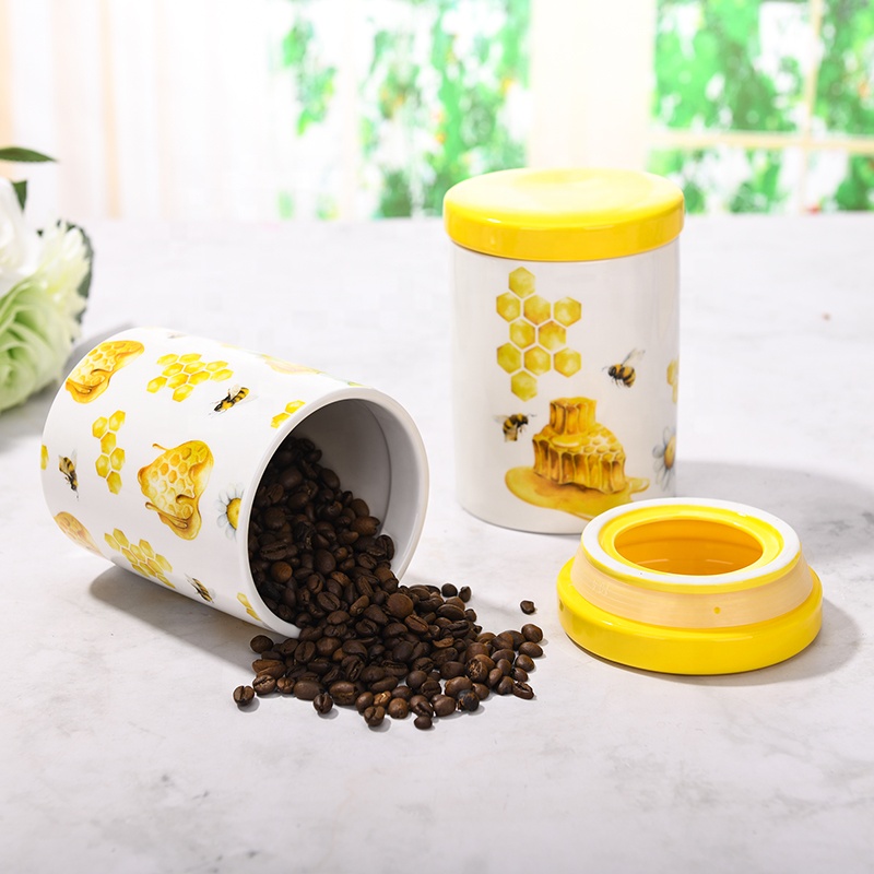 Ceramic bee honey airtight canister set with bamboo lid