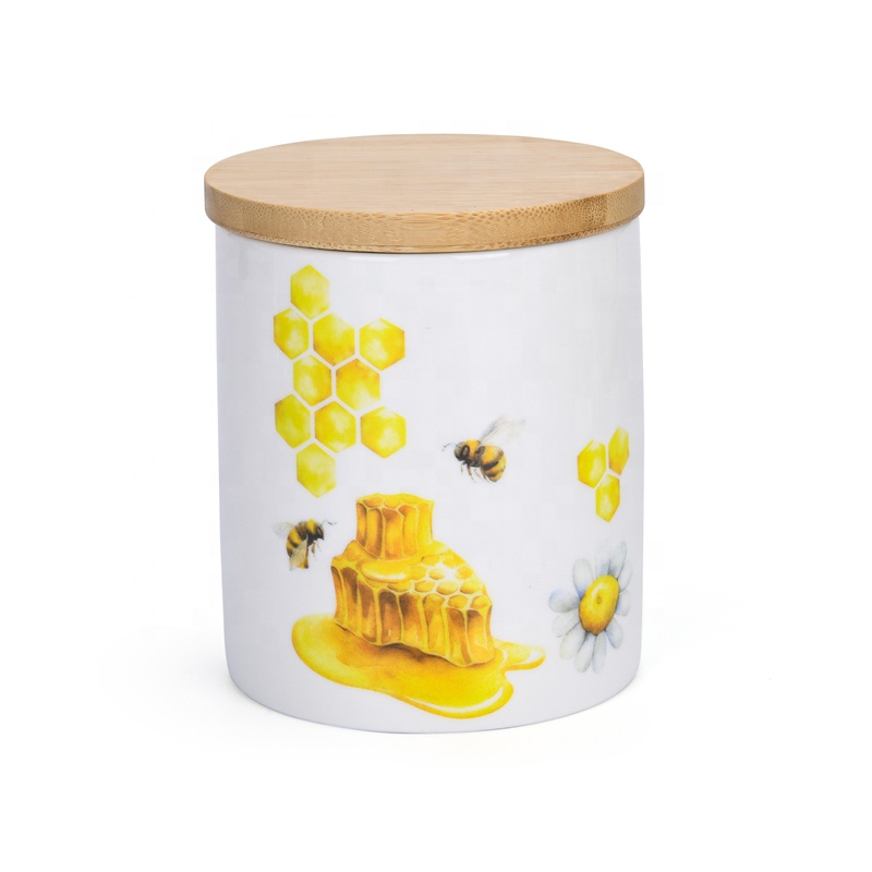 Ceramic bee honey airtight canister set with bamboo lid