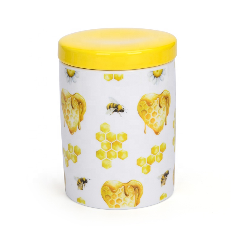 Ceramic bee honey airtight canister set with bamboo lid