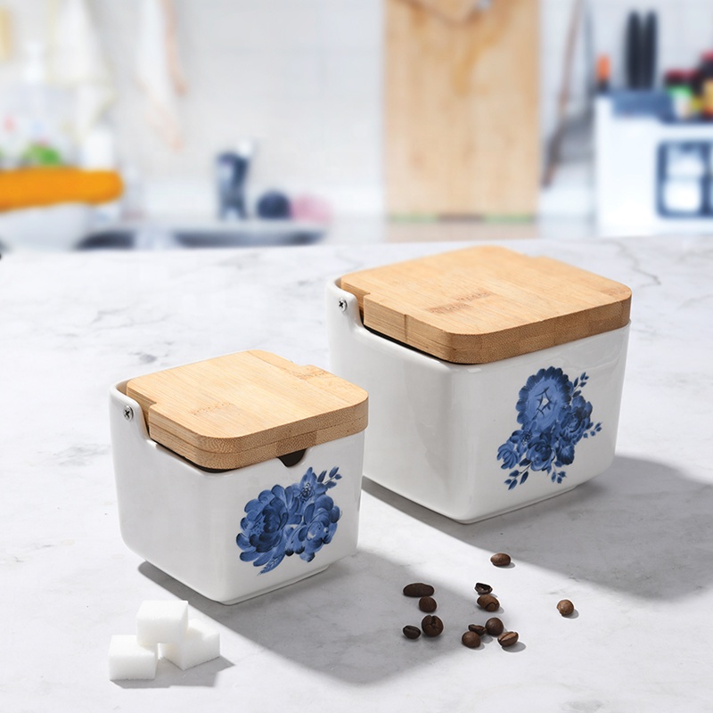 Ceramic blue flower salt sugar tea coffee canister with bamboo lid