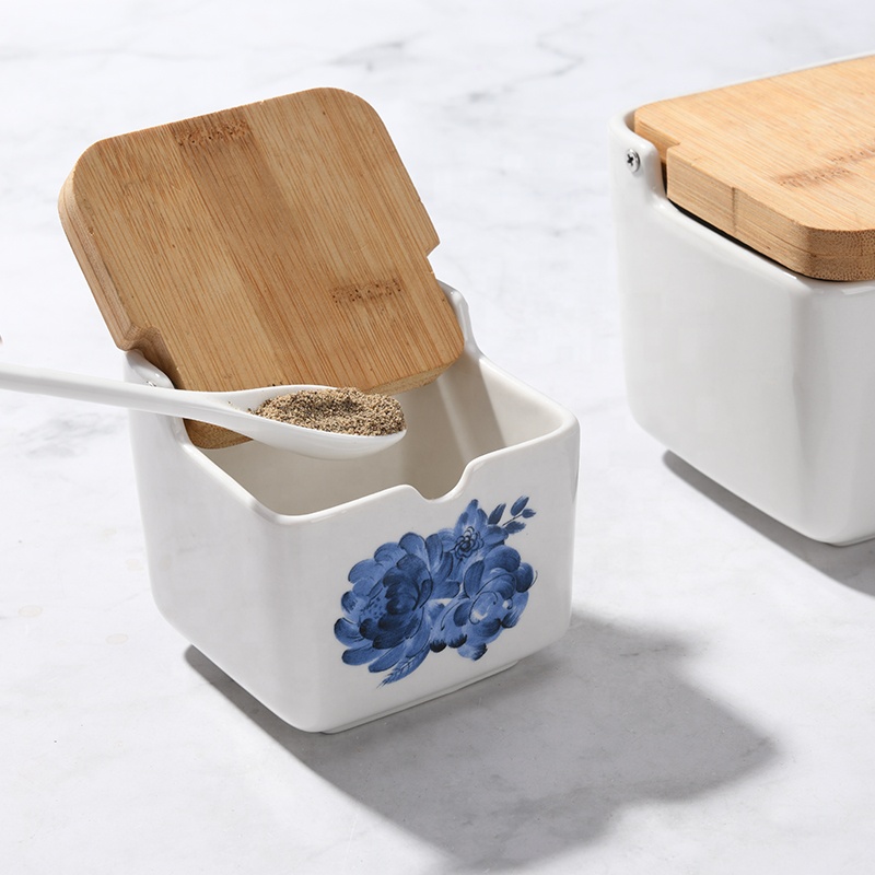Ceramic blue flower salt sugar tea coffee canister with bamboo lid